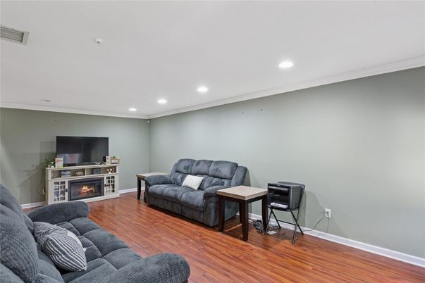 Fireplace, Interior, Living room, Recessed Lighting, Wood Texture Flooring