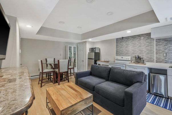 Dining room, Interior, Kitchen, Living room, Recessed Lighting, Stainless Steel Appliances, Wood Texture Flooring