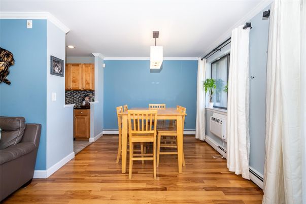 Dining room, Interior, Pendant Lights, Recessed Lighting, Wood Texture Flooring
