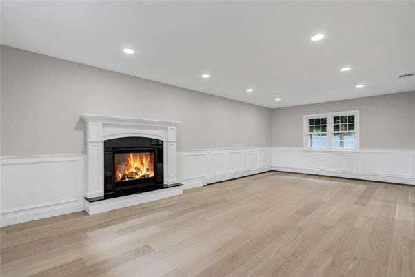 Empty room, Fireplace, Interior, Recessed Lighting, Wood Texture Flooring