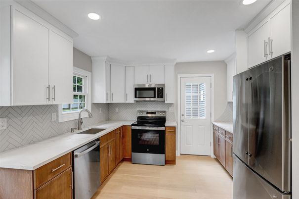 Interior, Kitchen, Recessed Lighting, Stainless Steel Appliances, Wood Texture Flooring