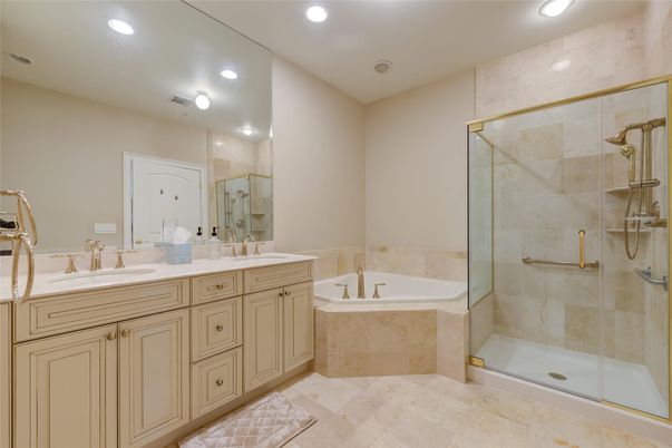 Bathroom, Dual Sink Vanities, Glass Shower, Interior, Recessed Lighting