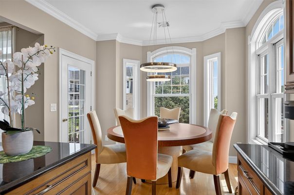 Dining room, Interior, Pendant Lights, Wood Texture Flooring