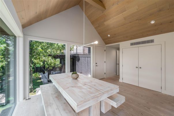 Dining room, Interior, Recessed Lighting, Wooden Ceilings, Wood Texture Flooring