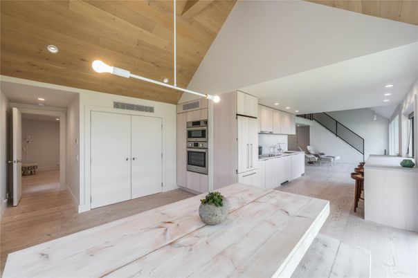 Interior, Kitchen, Recessed Lighting, Stainless Steel Appliances, Wooden Ceilings, Wood Texture Flooring