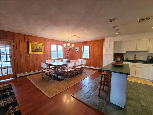 Chandelier, Dining room, Interior, Kitchen, Recessed Lighting, Wood Texture Flooring, Wooden Walls