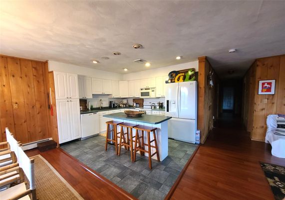Interior, Kitchen, Recessed Lighting, Wood Texture Flooring, Wooden Walls