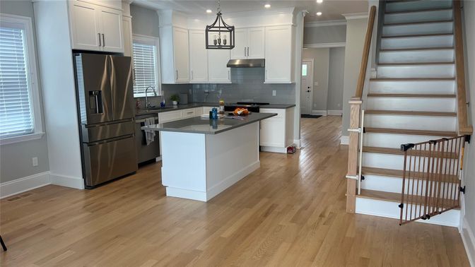 Interior, Kitchen, Pendant Lights, Recessed Lighting, Wood Texture Flooring