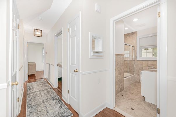 Bathroom, Glass Shower, Interior, Recessed Lighting, Wood Texture Flooring