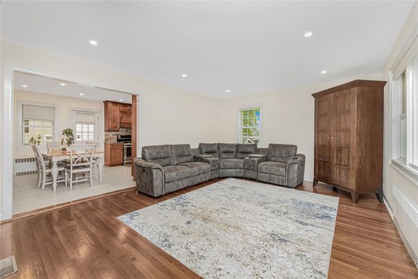 Dining room, Interior, Kitchen, Living room, Recessed Lighting, Stainless Steel Appliances, Wood Texture Flooring