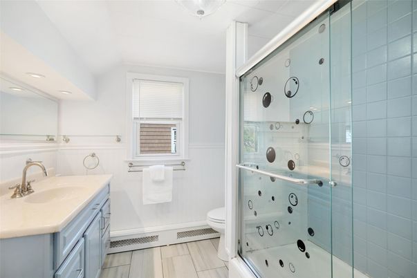 Bathroom, Glass Shower, Interior, Recessed Lighting, Wood Texture Flooring