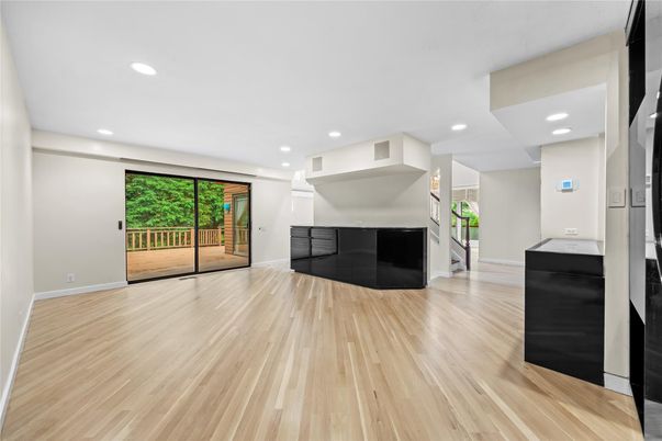 Empty room, Fireplace, Interior, Recessed Lighting, Wood Texture Flooring