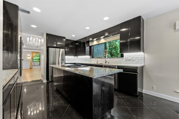 Chandelier, Interior, Kitchen, Recessed Lighting, Stainless Steel Appliances, Wood Texture Flooring