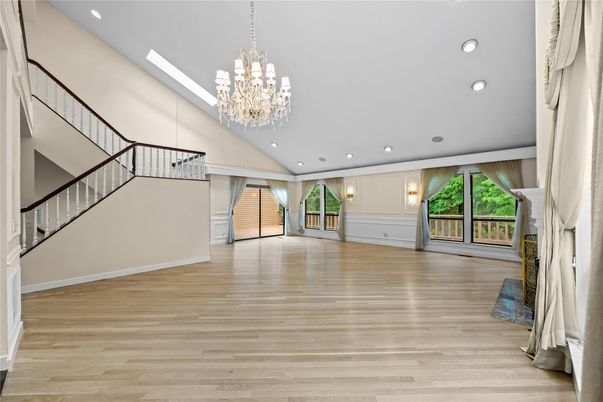 Chandelier, Empty room, Fireplace, Interior, Recessed Lighting, Wood Texture Flooring