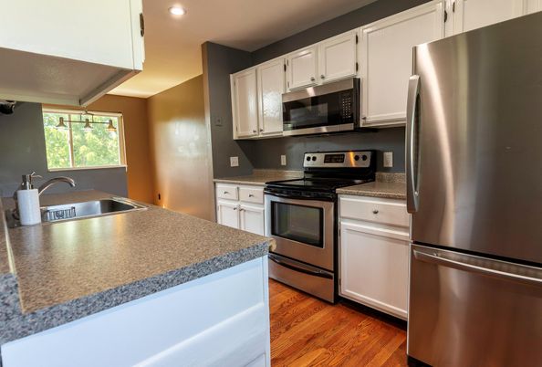 Interior, Kitchen, Recessed Lighting, Stainless Steel Appliances, Wood Texture Flooring