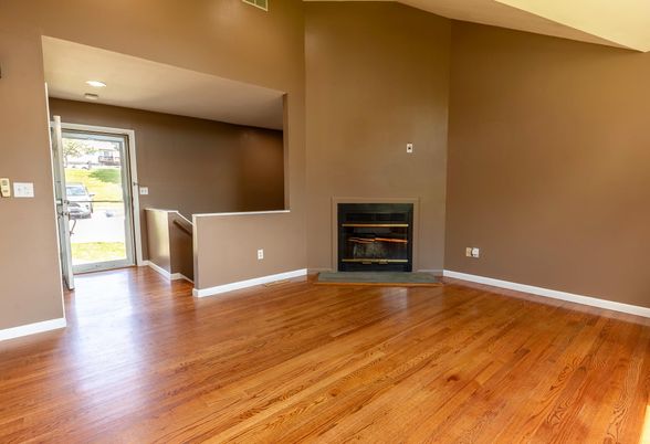 Empty room, Fireplace, Interior, Recessed Lighting, Wood Texture Flooring