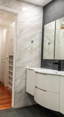 Bathroom, Interior, Marble Walls, Wood Texture Flooring