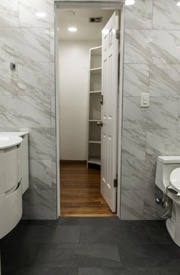 Bathroom, Interior, Marble Walls, Recessed Lighting, Wood Texture Flooring