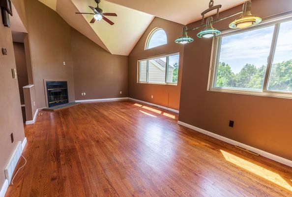 Empty room, Fireplace, Interior, Pendant Lights, Wood Texture Flooring