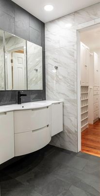 Bathroom, Interior, Marble Walls, Recessed Lighting, Wood Texture Flooring