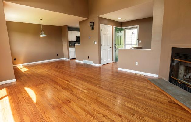 Empty room, Fireplace, Interior, Kitchen, Pendant Lights, Recessed Lighting, Wood Texture Flooring