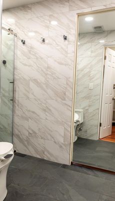 Bathroom, Glass Shower, Interior, Marble Walls, Recessed Lighting