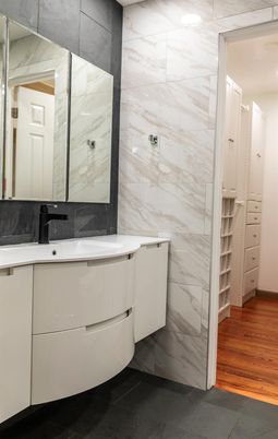 Bathroom, Interior, Marble Walls, Wood Texture Flooring