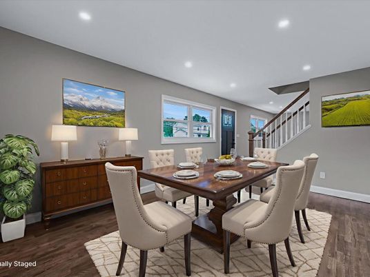 Dining room, Interior, Recessed Lighting, Wood Texture Flooring