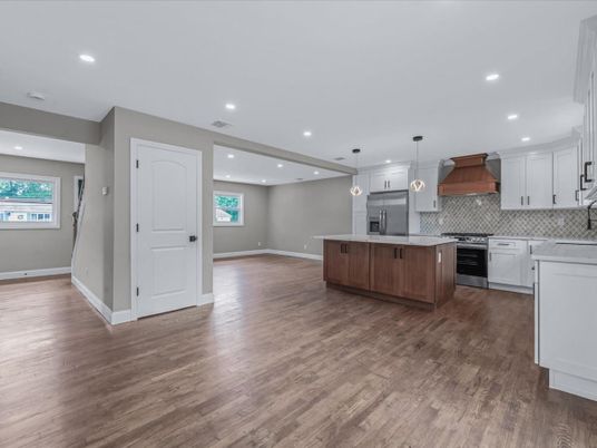 Interior, Kitchen, Pendant Lights, Recessed Lighting, Stainless Steel Appliances, Wood Texture Flooring