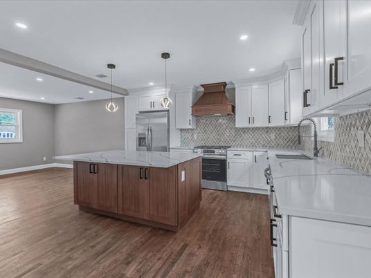 Interior, Kitchen, Pendant Lights, Recessed Lighting, Stainless Steel Appliances, Wood Texture Flooring