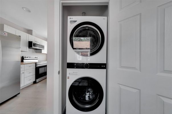 Interior, Kitchen, Recessed Lighting, Utility Closets, Washer, Wood Texture Flooring
