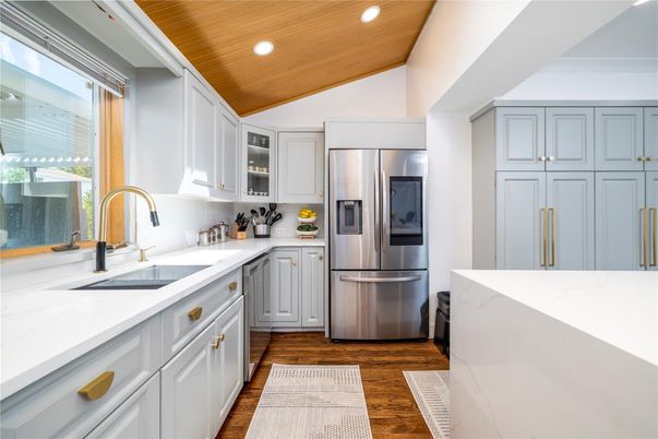 Interior, Kitchen, Recessed Lighting, Stainless Steel Appliances, Wooden Ceilings, Wood Texture Flooring