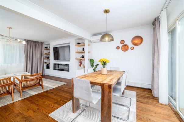 Dining room, Fireplace, Interior, Pendant Lights, Wood Texture Flooring