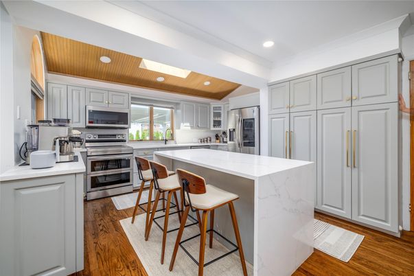 Interior, Kitchen, Recessed Lighting, Stainless Steel Appliances, Wooden Ceilings, Wood Texture Flooring