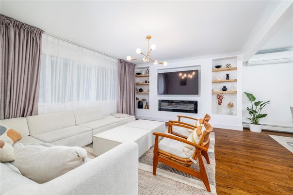 Fireplace, Interior, Living room, Pendant Lights, Wood Texture Flooring