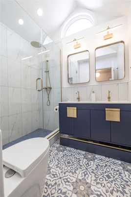 Bathroom, Glass Shower, Interior, Marble Walls, Recessed Lighting