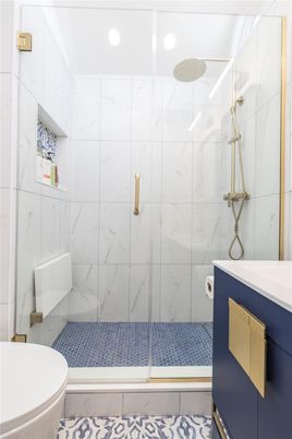Bathroom, Glass Shower, Interior, Marble Walls, Recessed Lighting