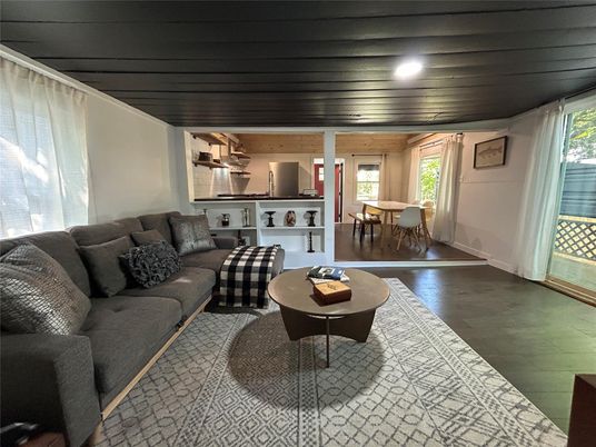 Dining room, Interior, Living room, Recessed Lighting, Wood Texture Flooring