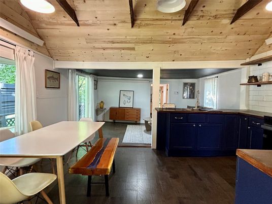 Dining room, Interior, Recessed Lighting, Wooden Beams, Wooden Ceilings, Wood Texture Flooring