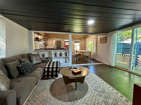 Dining room, Interior, Living room, Recessed Lighting, Wood Texture Flooring