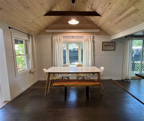 Dining room, Interior, Recessed Lighting, Wooden Beams, Wooden Ceilings, Wood Texture Flooring