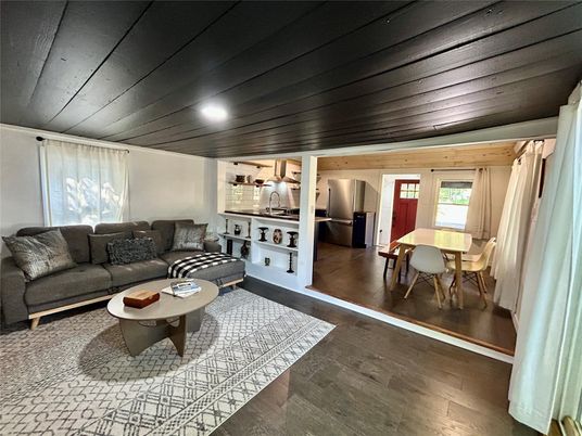 Dining room, Interior, Living room, Recessed Lighting, Wooden Ceilings, Wood Texture Flooring, Wooden Walls
