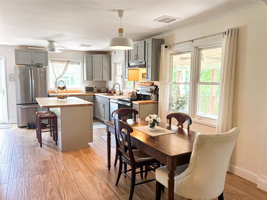 Dining room, Interior, Kitchen, Pendant Lights, Wood Texture Flooring