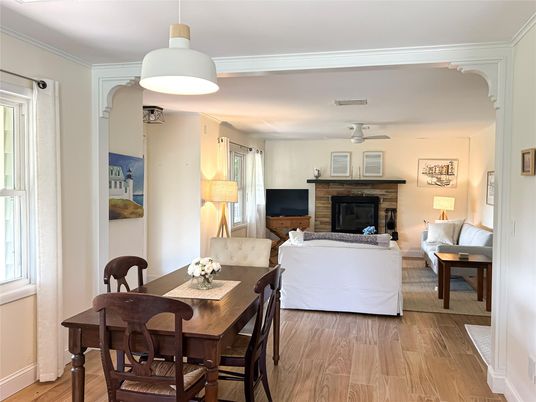 Dining room, Fireplace, Interior, Living room, Wood Texture Flooring