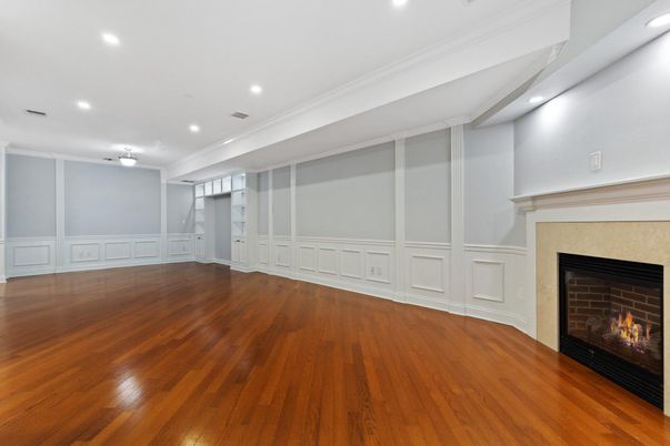 Empty room, Fireplace, Interior, Recessed Lighting, Wood Texture Flooring