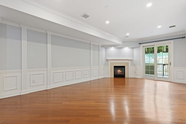 Empty room, Fireplace, Interior, Recessed Lighting, Wood Texture Flooring