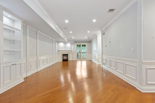 Empty room, Fireplace, Interior, Recessed Lighting, Wood Texture Flooring