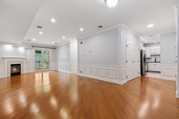 Empty room, Fireplace, Interior, Kitchen, Recessed Lighting, Wood Texture Flooring
