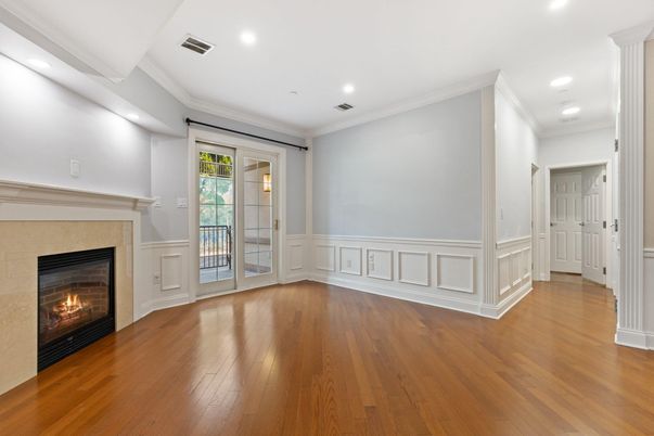 Empty room, Fireplace, Interior, Recessed Lighting, Wood Texture Flooring