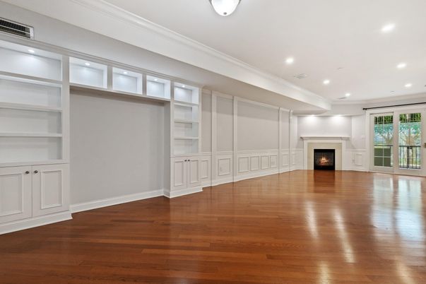Empty room, Fireplace, Interior, Recessed Lighting, Wood Texture Flooring